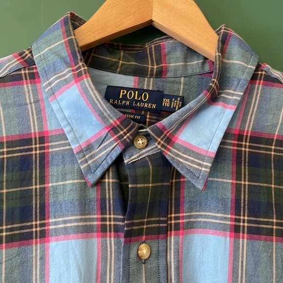 Polo Ralph Lauren Men's XXL Blue Pink Cream Plaid Shirt Classic Preppy Pocket - Picture 2 of 7